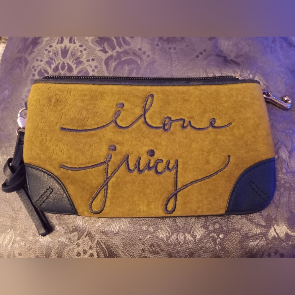 VINTAGE Y2K Juicy Couture I Love Green Blue Velour Leather Zippered Wristlet Bag